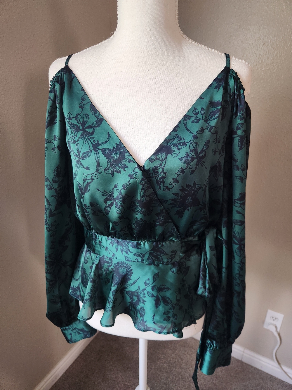 DO+BE Teal Green Floral Cold-Shoulder Wrap Blouse